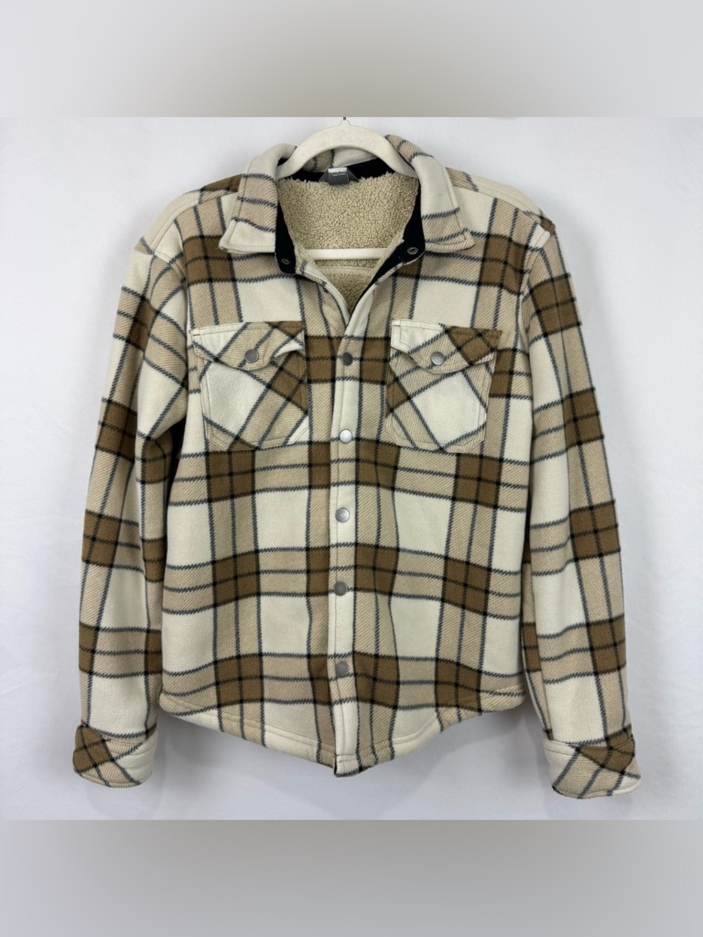 EDDIE BAUER BOY'S Sz 14/16 FAUX SHEARLING LINED SHIRT JACKET TAN PLAID SHACKET